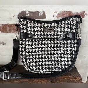 Longaberger Houndstooth Fabric Crossbody Purse Bag Black & White Multi-Pockets